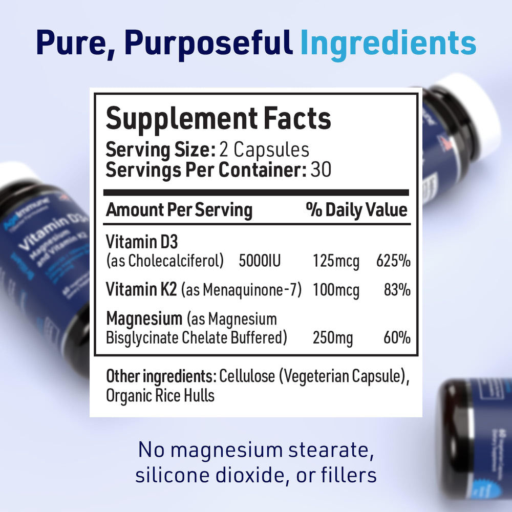 Close-up label of AgeImmune D3+ Complex showing D3 5000 IU, K2, and Magnesium Glycinate