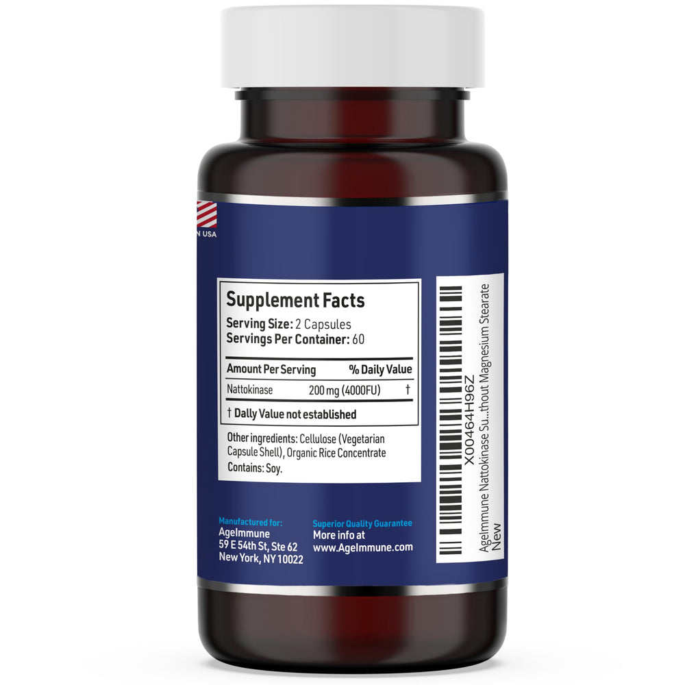 Close-up of nattokinase bottle label showing strength and serving size