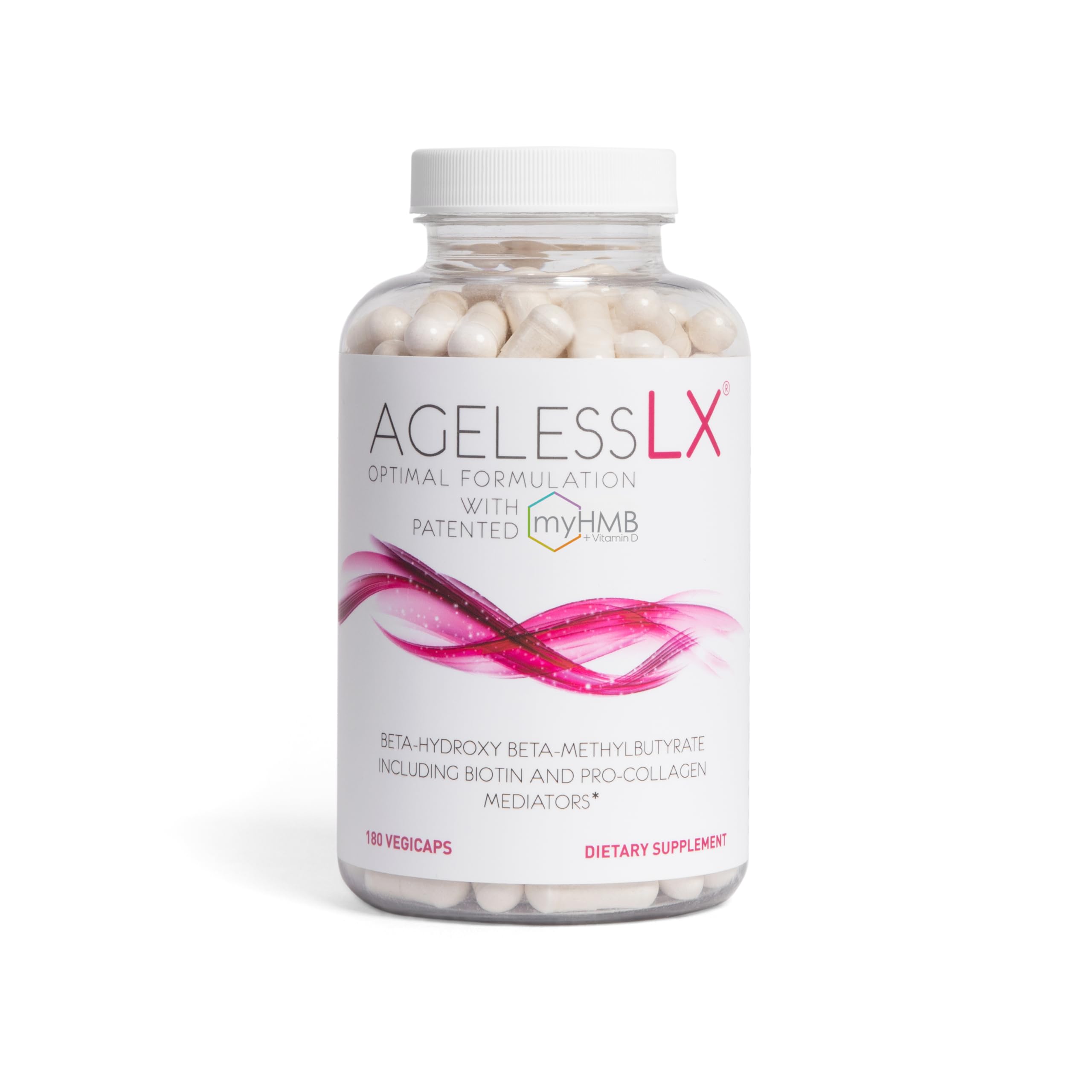 Bottle of AgelessLX HMB collagen supplement for women 40+
