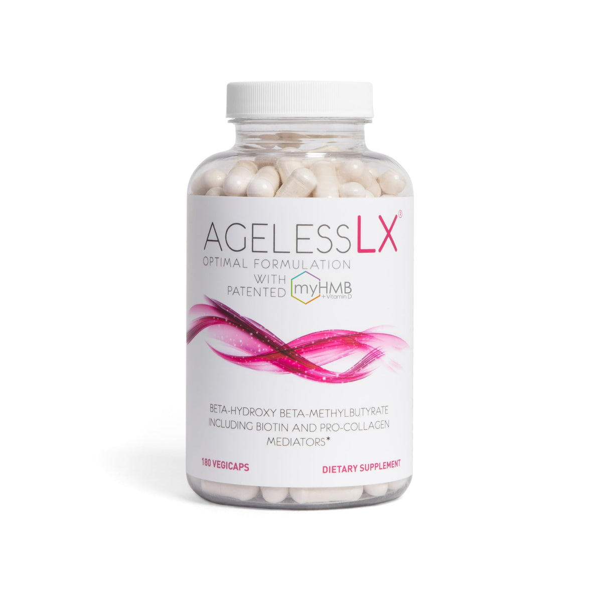 Bottle of AgelessLX HMB collagen supplement for women 40+