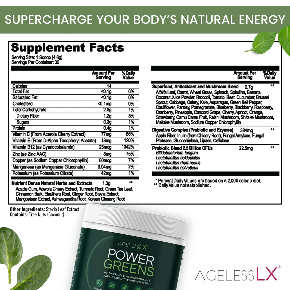 Scoop of AgelessLX Power Greens powder