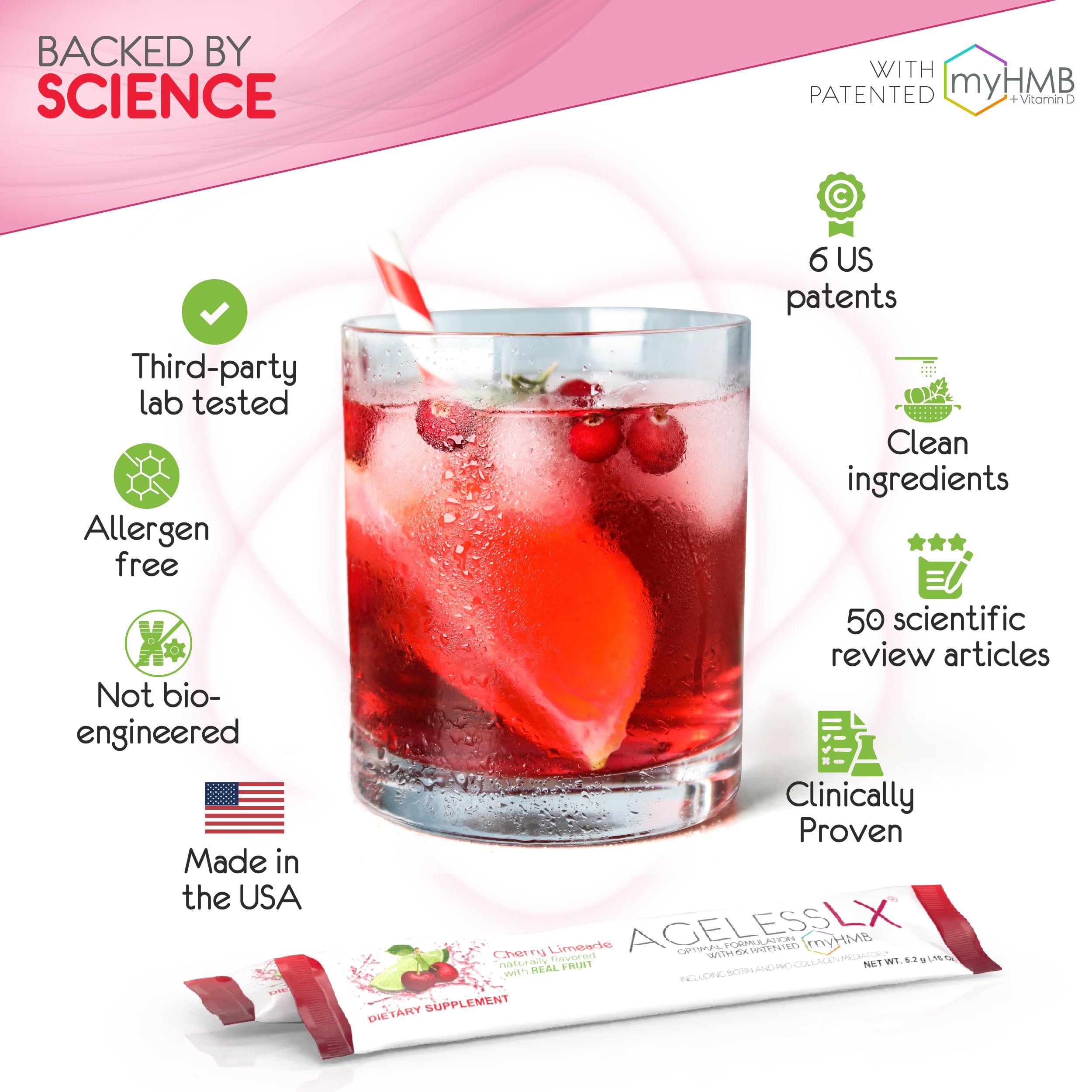 Smiling woman holding glass of cherry limeade with AgelessLX