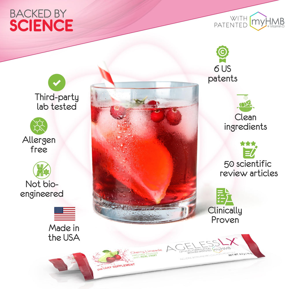 Smiling woman holding glass of cherry limeade with AgelessLX