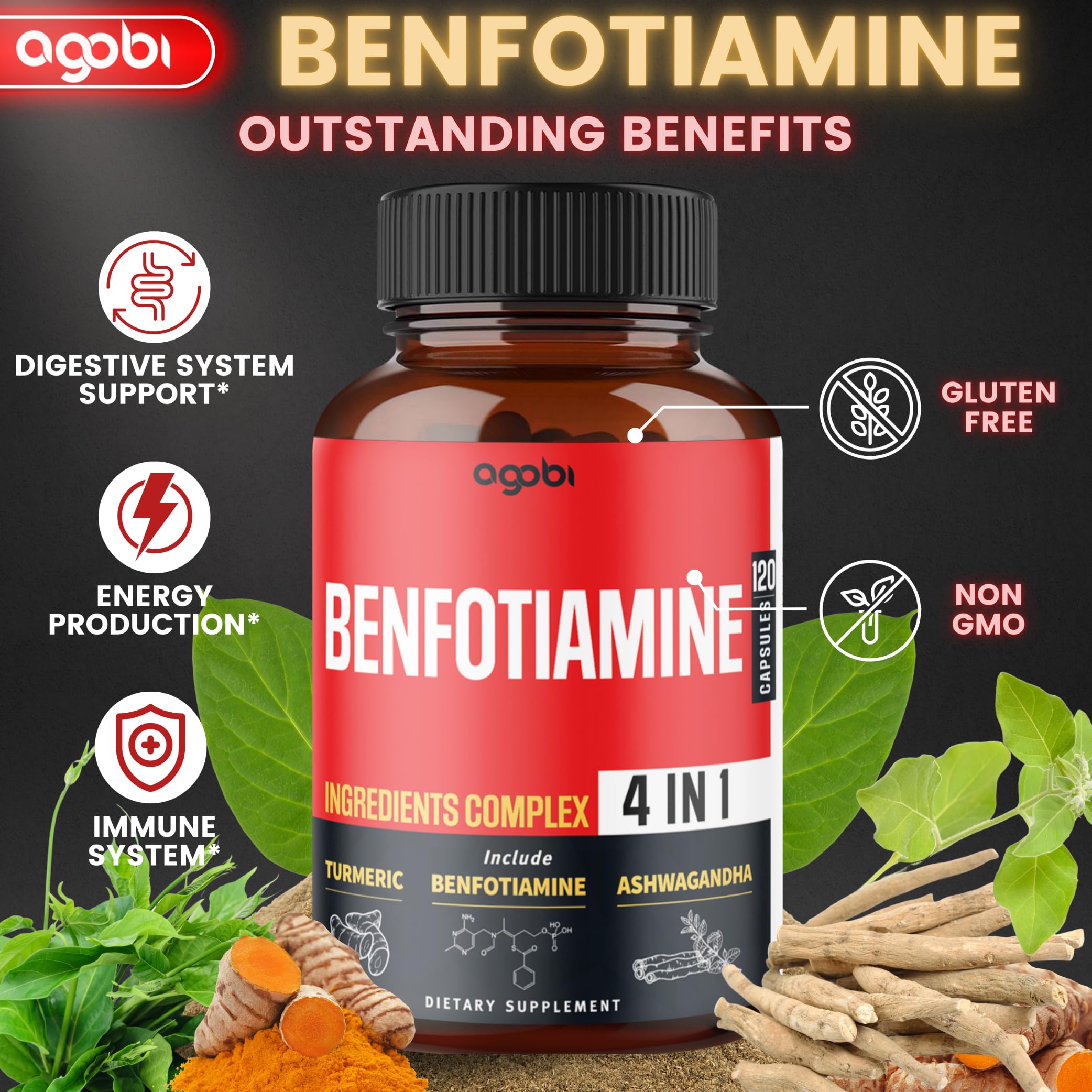 Ingredients graphic showing Benfotiamine, Turmeric Curcumin, Ashwagandha, Gymnema Sylvestre