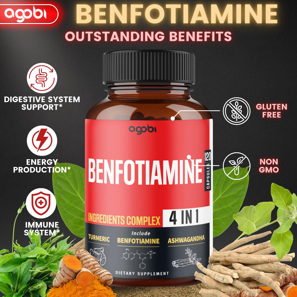 Ingredients graphic showing Benfotiamine, Turmeric Curcumin, Ashwagandha, Gymnema Sylvestre