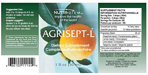 Agrisept L Antioxidant 30ml packaging and bottles on white