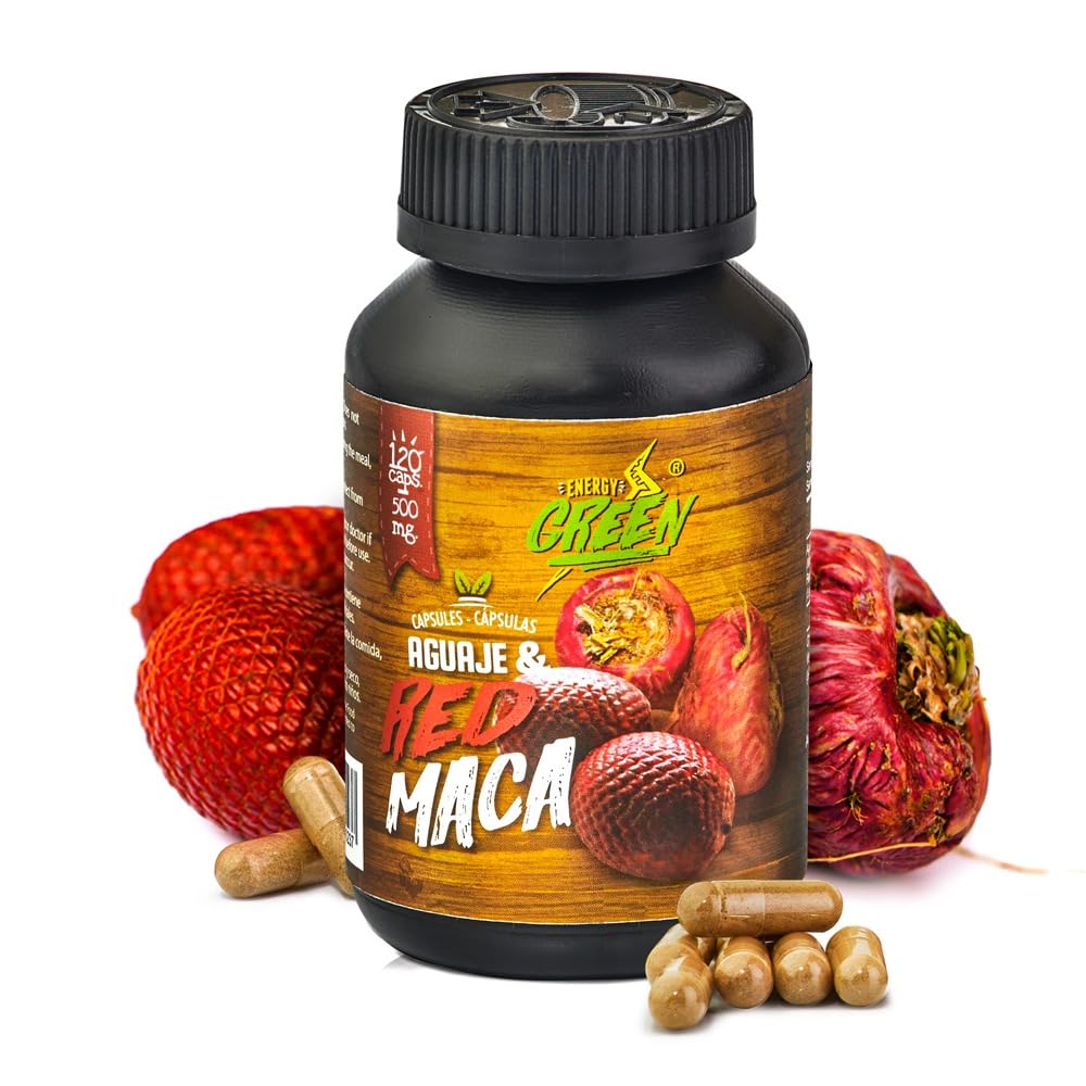 Aguaje with Red Maca Powder bottle and 120 capsules