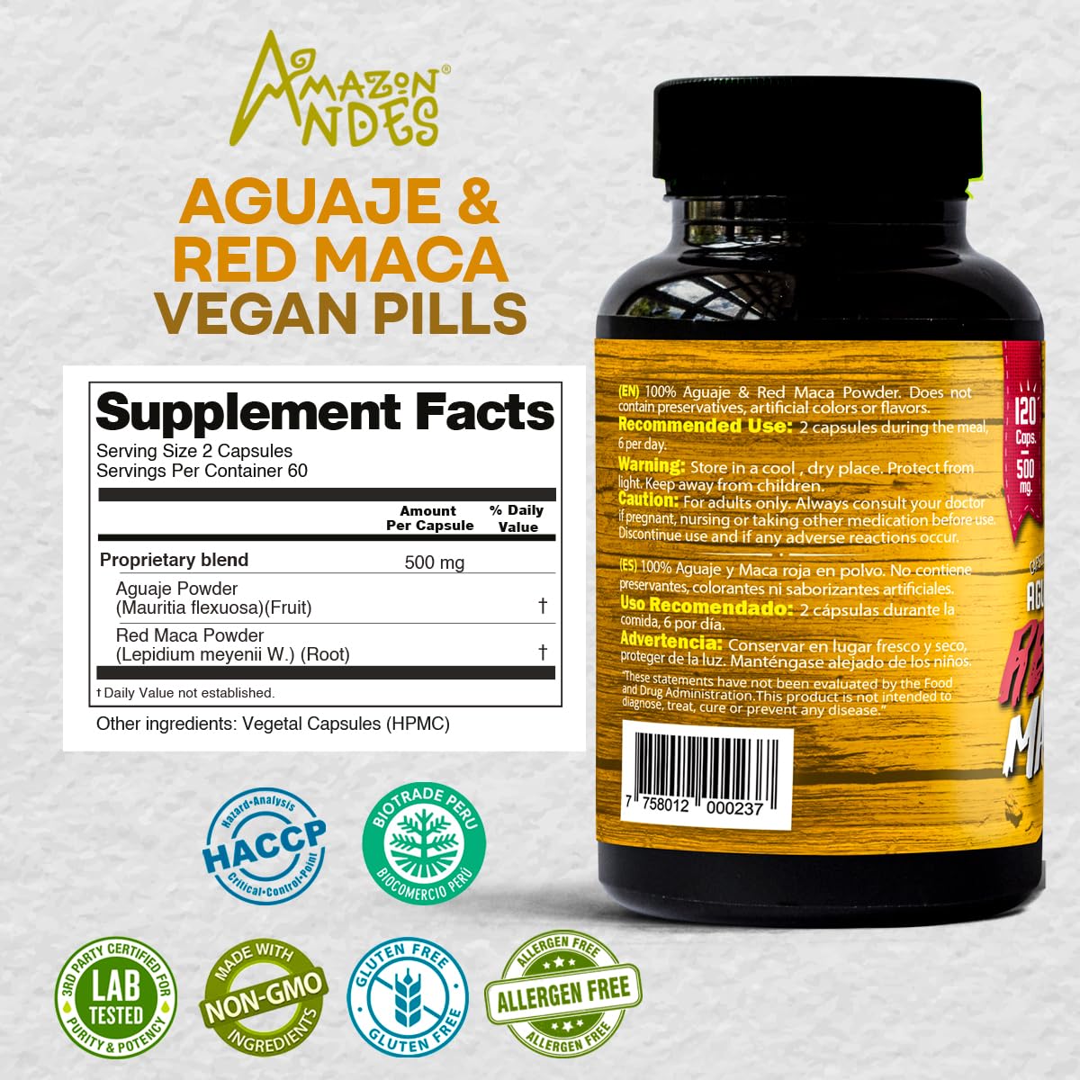 Close-up of Aguaje fruit and Red Maca capsules