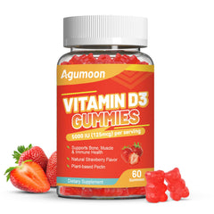 Bottle of Agumoon Vitamin D3 5000 IU Gummies with strawberry flavor