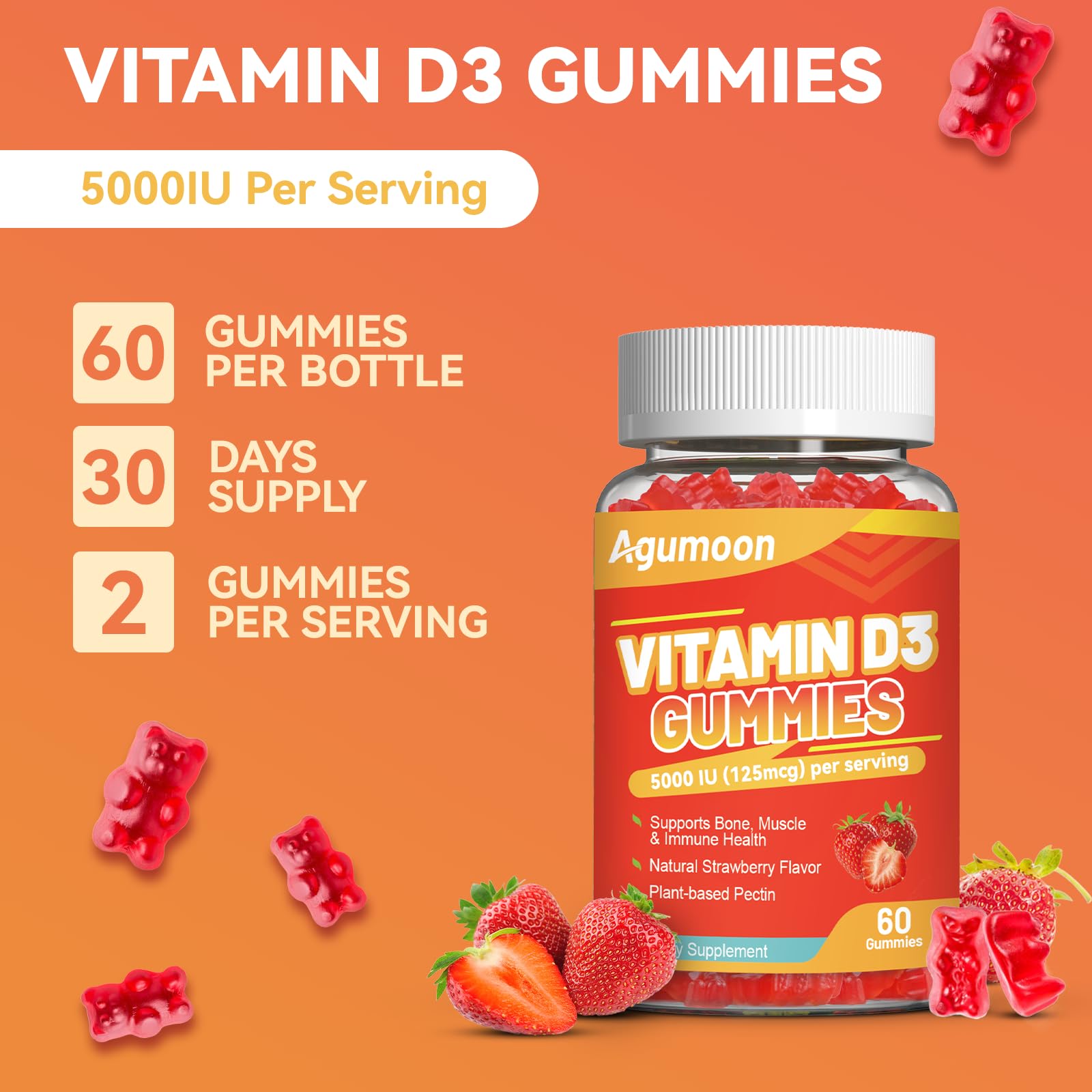Strawberry-flavored Vitamin D3 gummies on white background