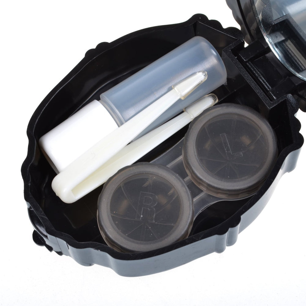 Open rose design contact lens case showing built-in mirror