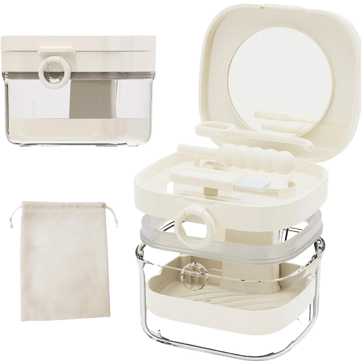 Two-layer AHYUEE denture case with removable inner basket (white)
