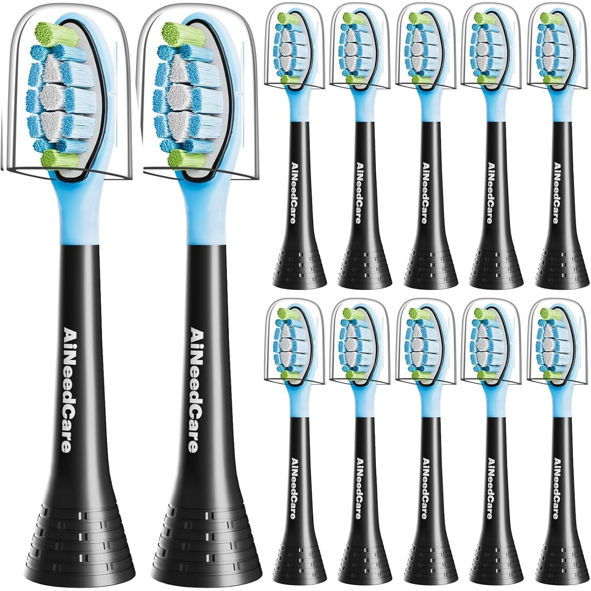 AiNeedCare 12-pack toothbrush replacement heads compatible with Philips Sonicare in white and black
