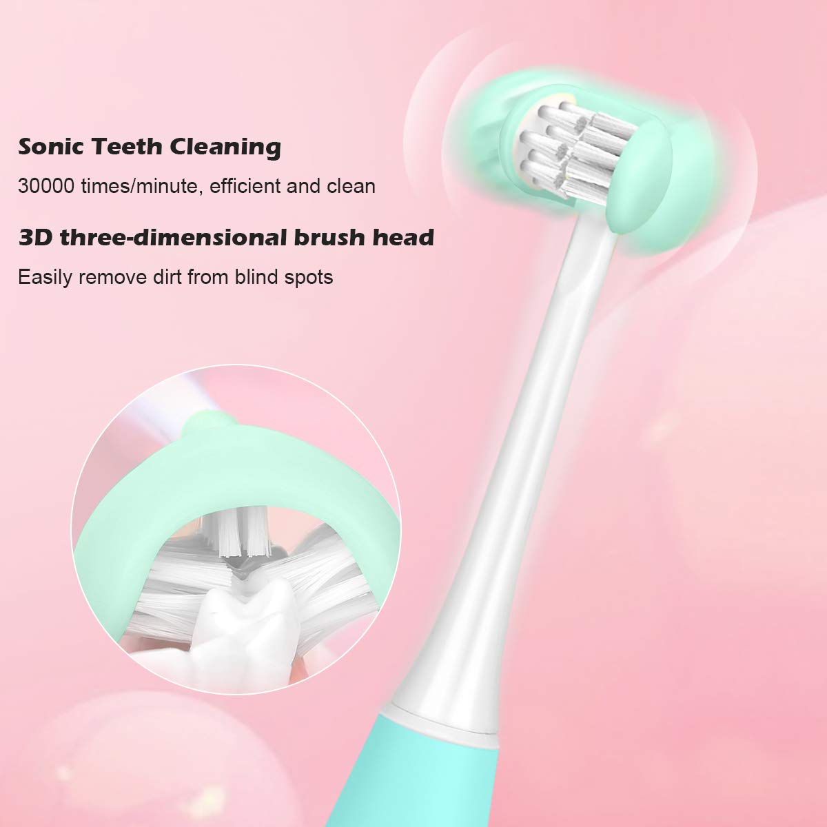 Close-up of angled bristles on AICase Kids Sonic Toothbrush Blue
