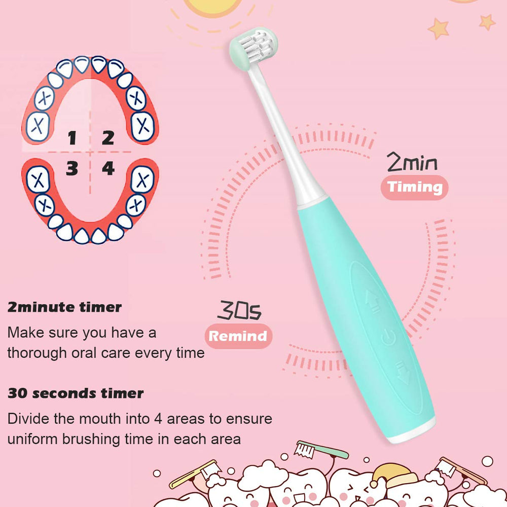 Patented three-sided brush head design on blue AICase toothbrush
