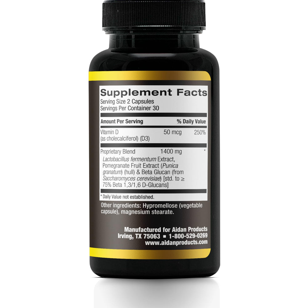 Close-up of product ingredients: beta glucan, vitamin D3, ellagic acid