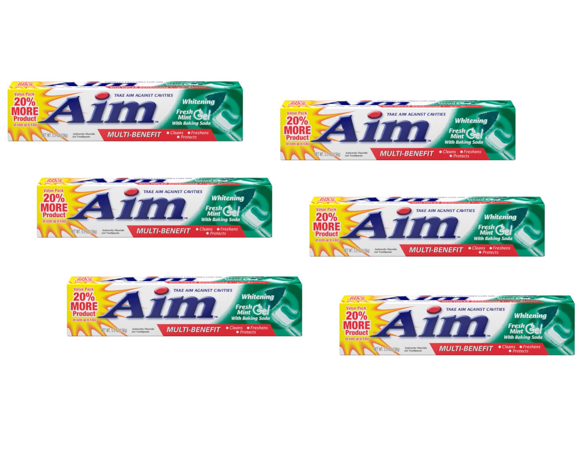 Front view of Aim Toothpaste 6 oz tube in a pack of six