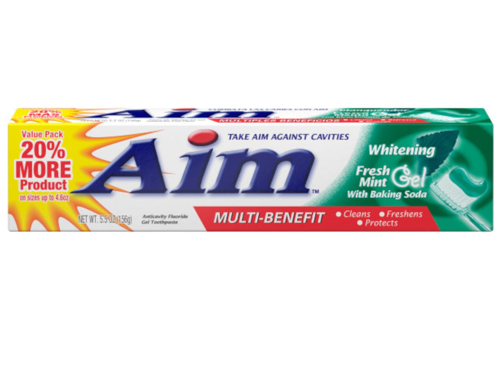 Close-up of Aim Toothpaste label on the 6 oz tube