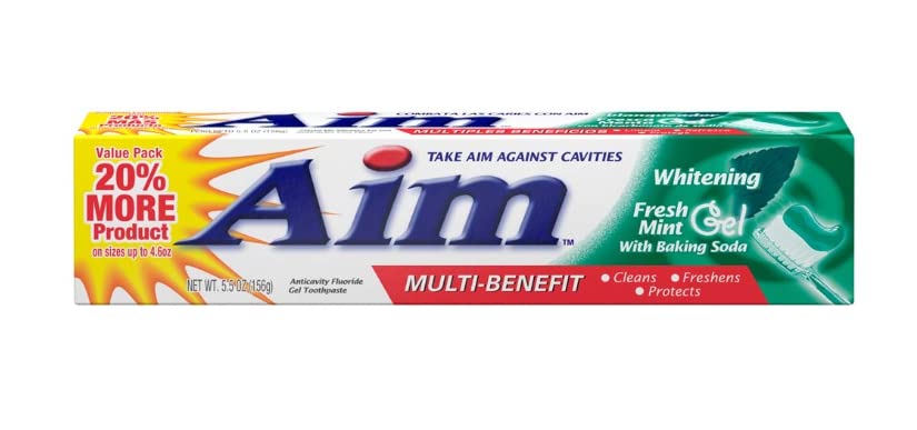 Tube of AIM toothpaste gel whitening with baking soda in fresh mint flavor, 5.5 oz