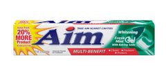 Tube of AIM toothpaste gel whitening with baking soda in fresh mint flavor, 5.5 oz