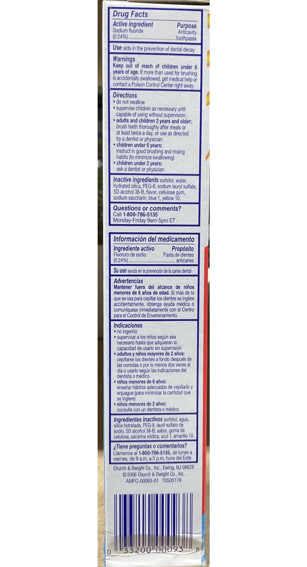 Close-up of product label showing sodium fluoride 0.24% active ingredient and NDC 10237-633-45