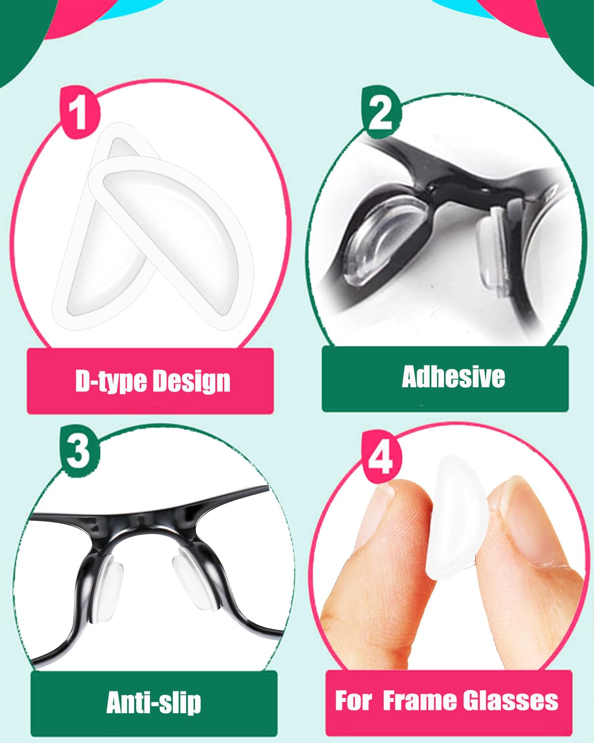 Adhesive-backed silicone nose grips for anti-slip performance
