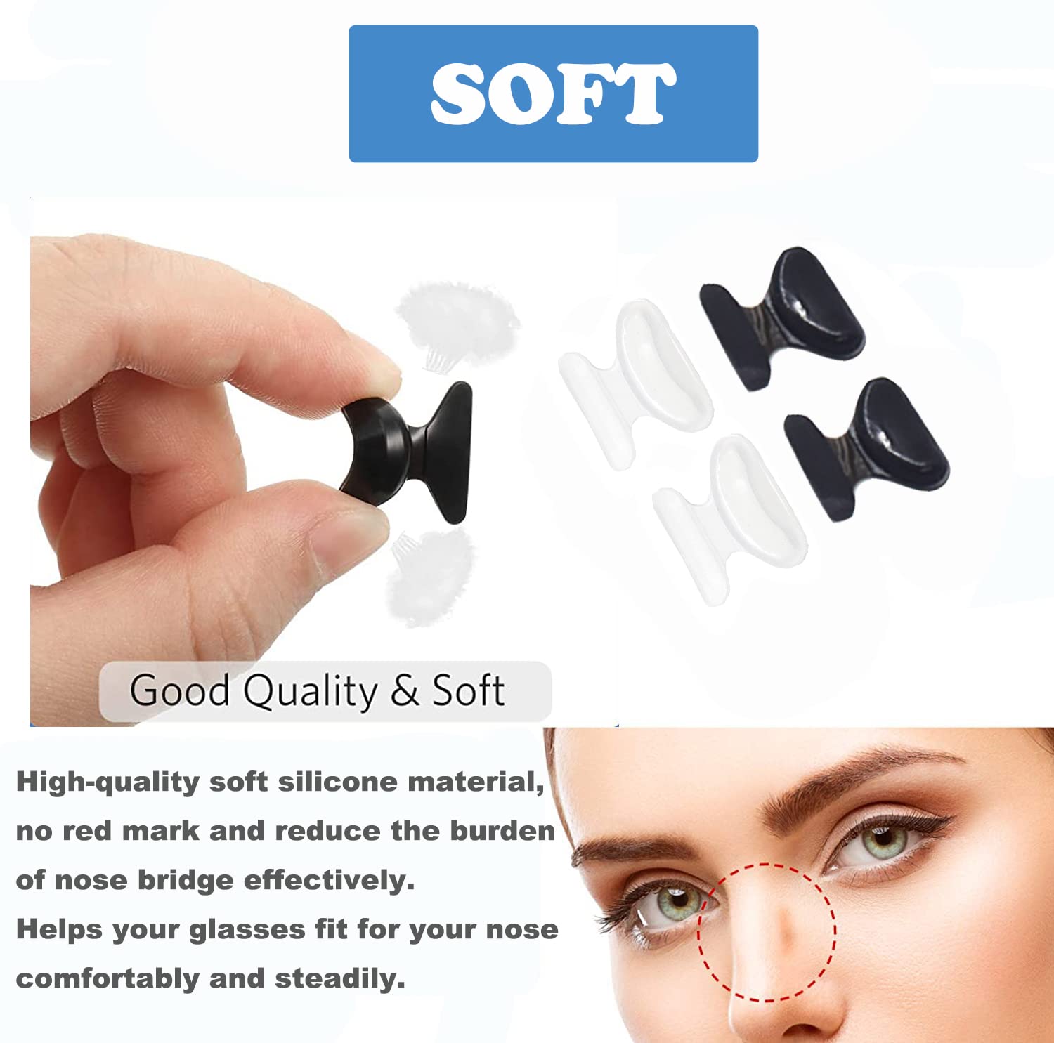 Adhesive nose pads attached to eyeglass frame