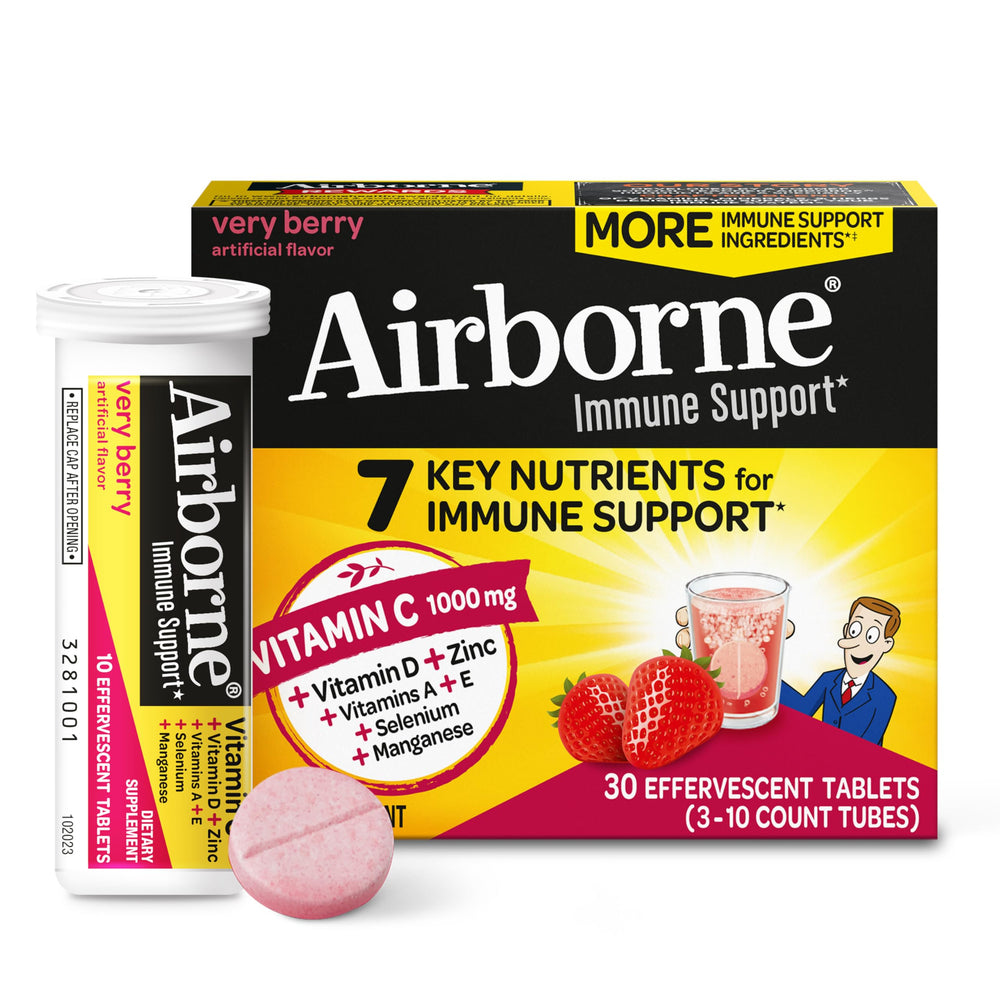 Airborne 1000mg Vitamin C with Vitamin D and Zinc immune support tablet, berry flavor.