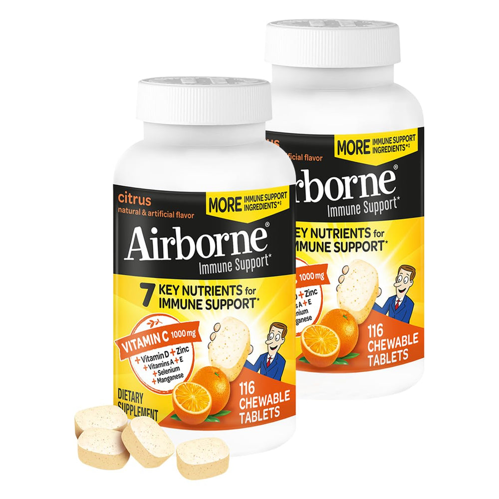 Airborne Vitamin C + Zinc immune support chewable tablets citrus flavor front view of 2-pack bottle
