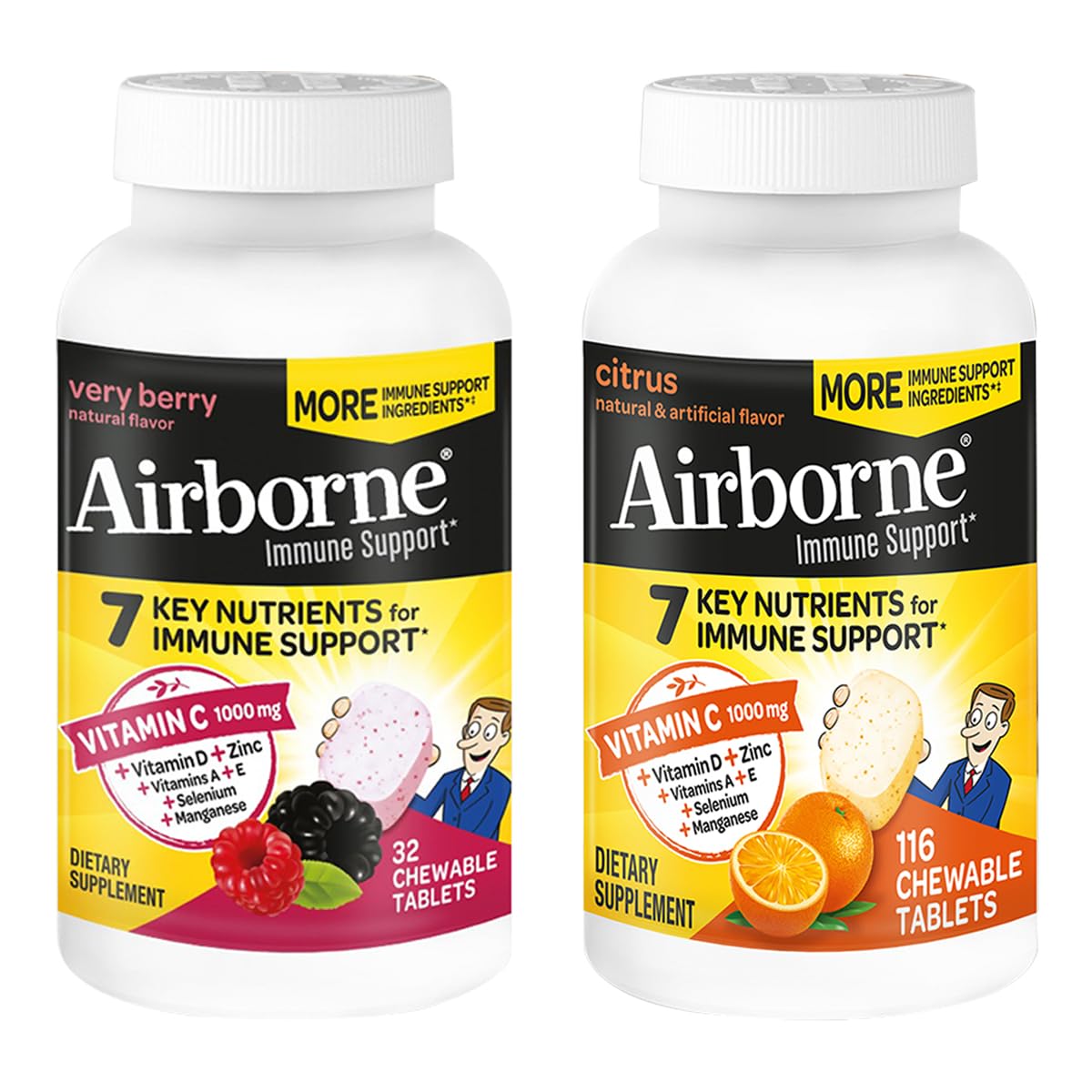 Front view of Airborne 1000mg Vitamin C + Zinc Immune Support Chewables in Very Berry & Citrus flavor