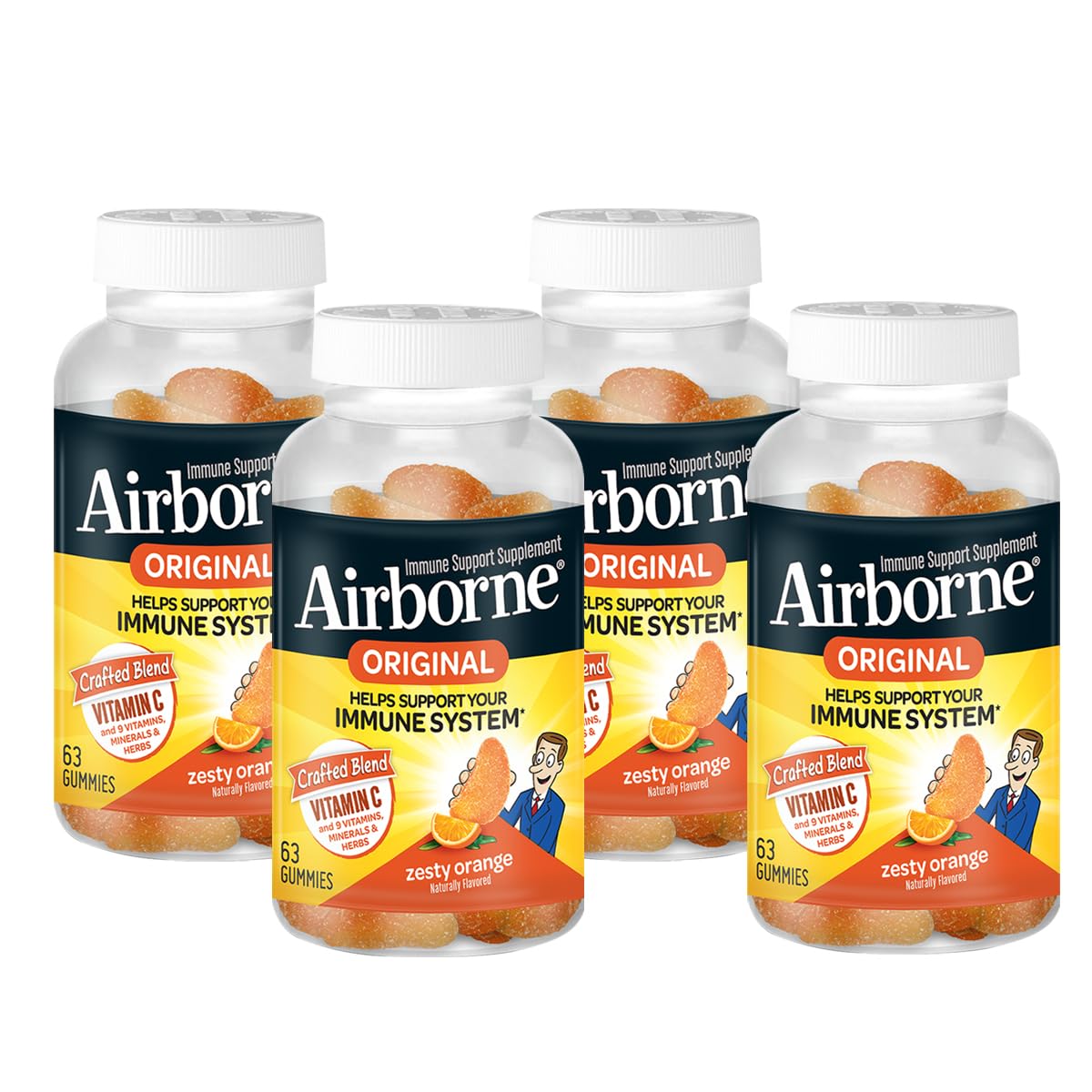 Airborne 750mg Vitamin C gummies orange flavor, 63-count, 4-pack front view