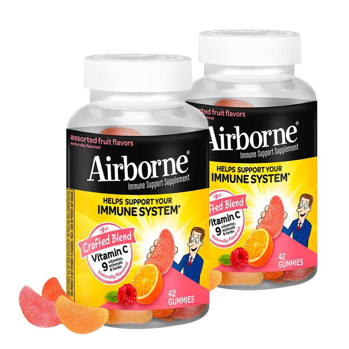 Airborne 750mg Vitamin C immunity gummies bottle with assorted fruit flavor