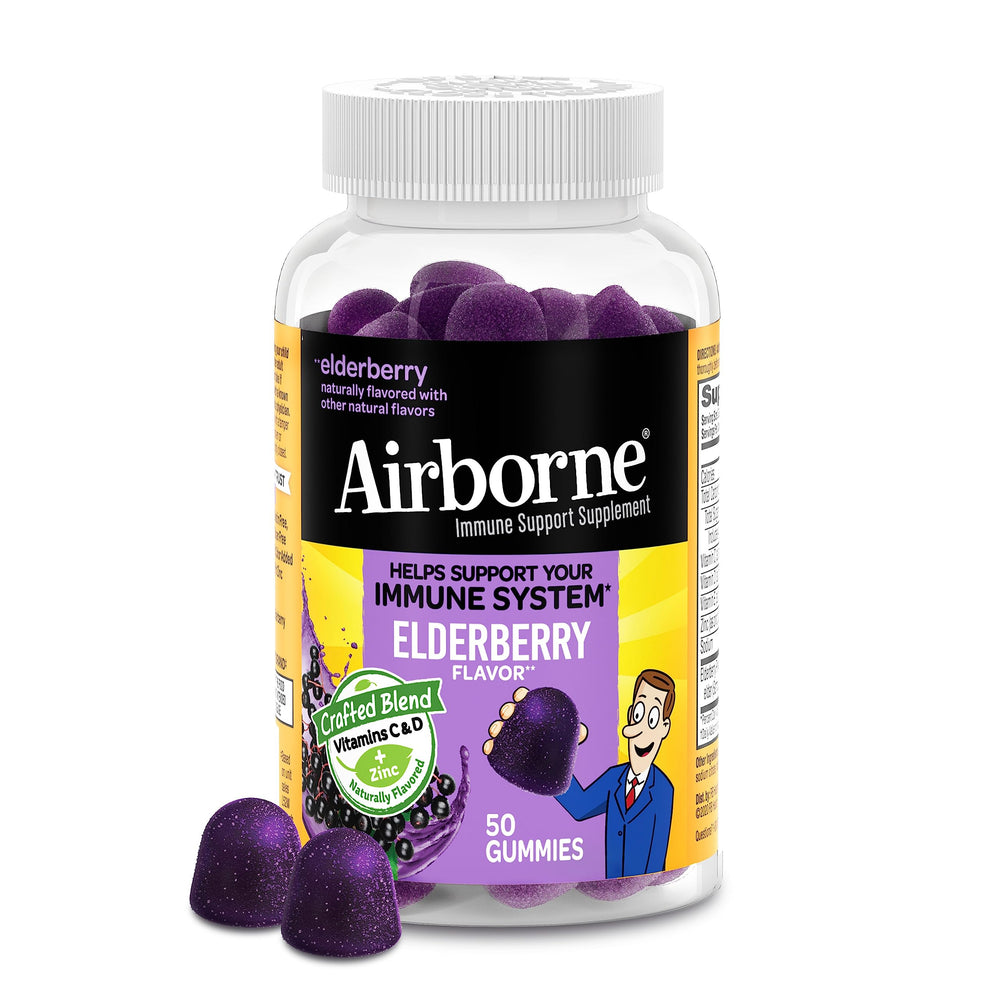 Airborne Elderberry Gummies bottle with zinc and vitamin C on white background