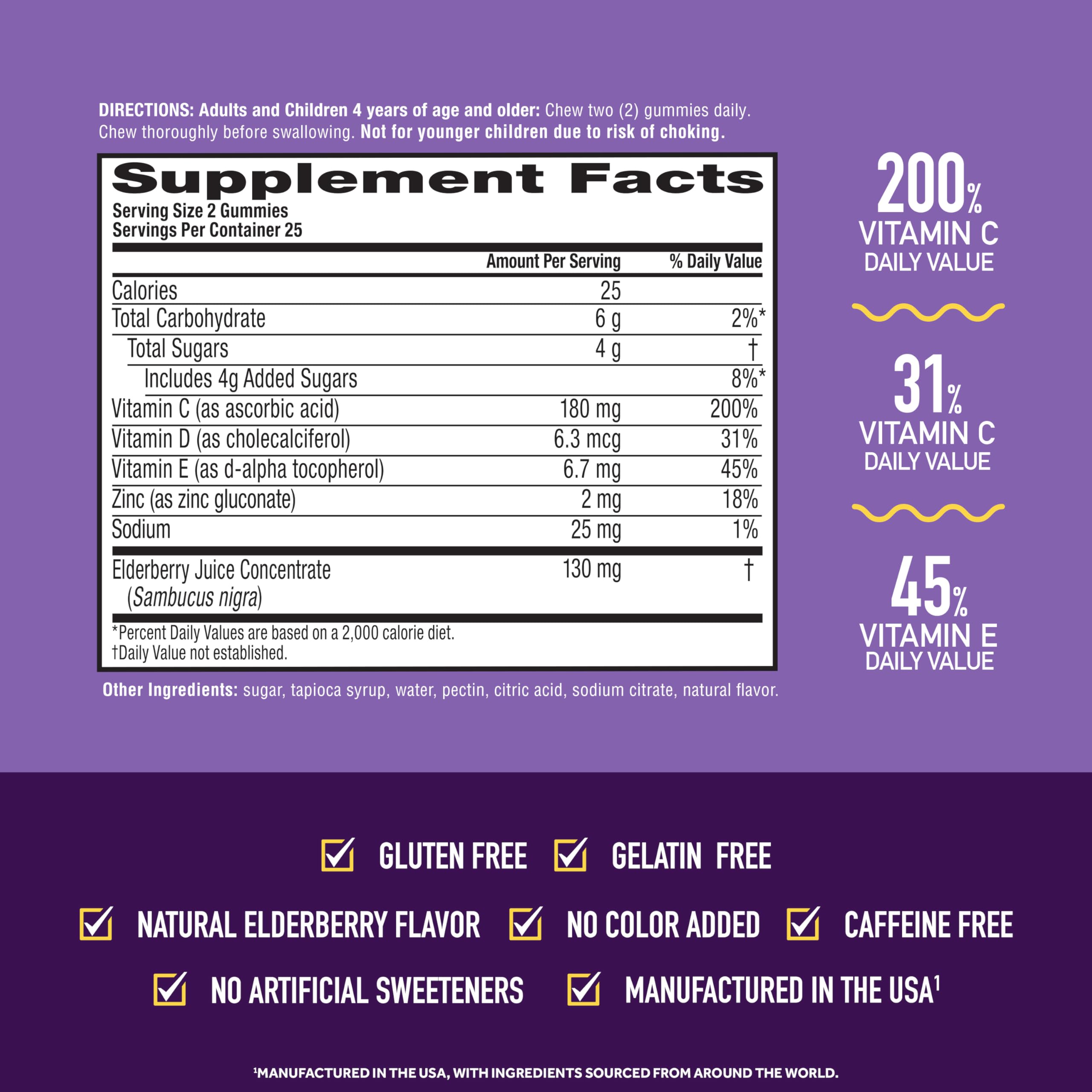 Airborne Elderberry Gummies bottle back label highlights vitamin content
