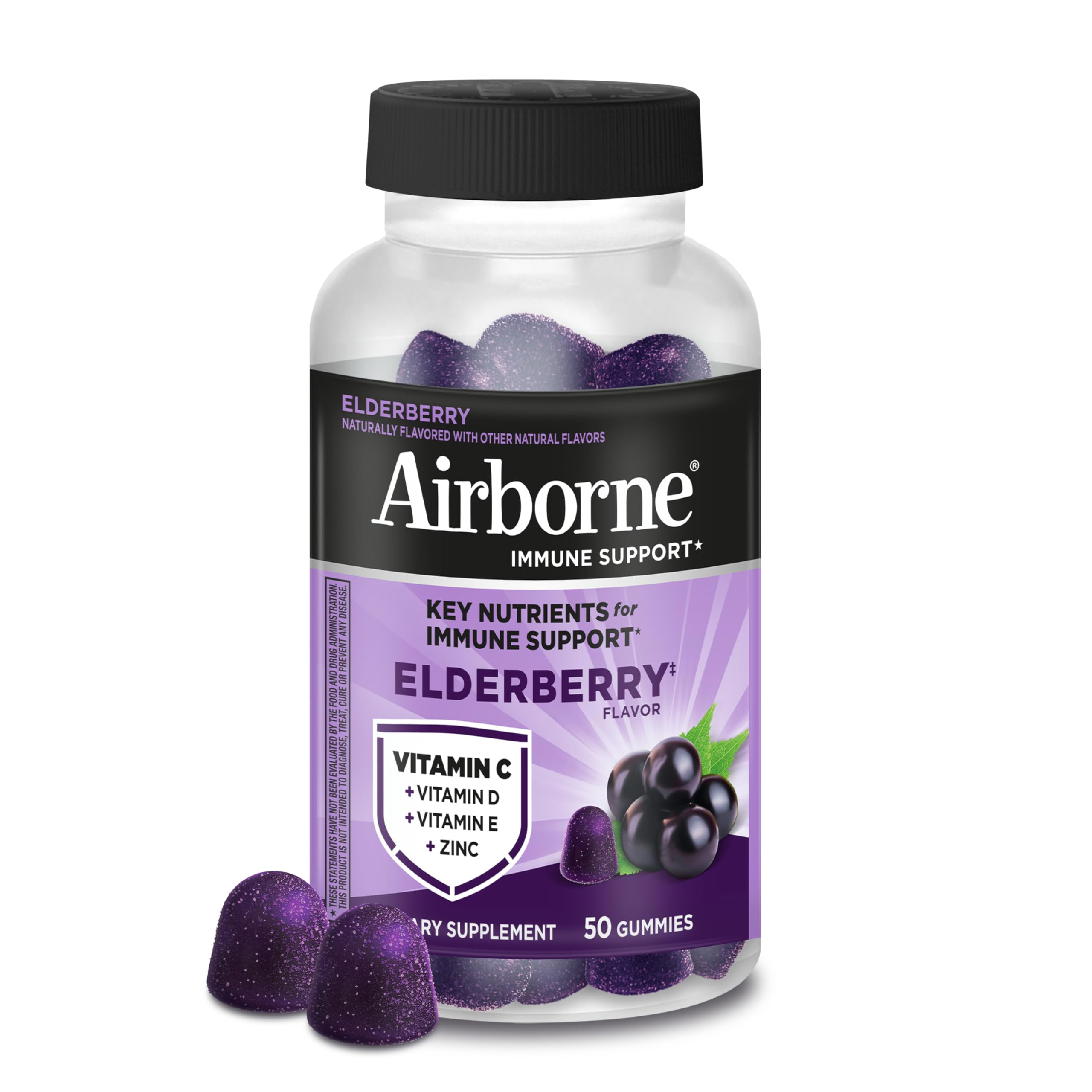Airborne Elderberry Gummies bottle front shows immune support and elderberry flavor