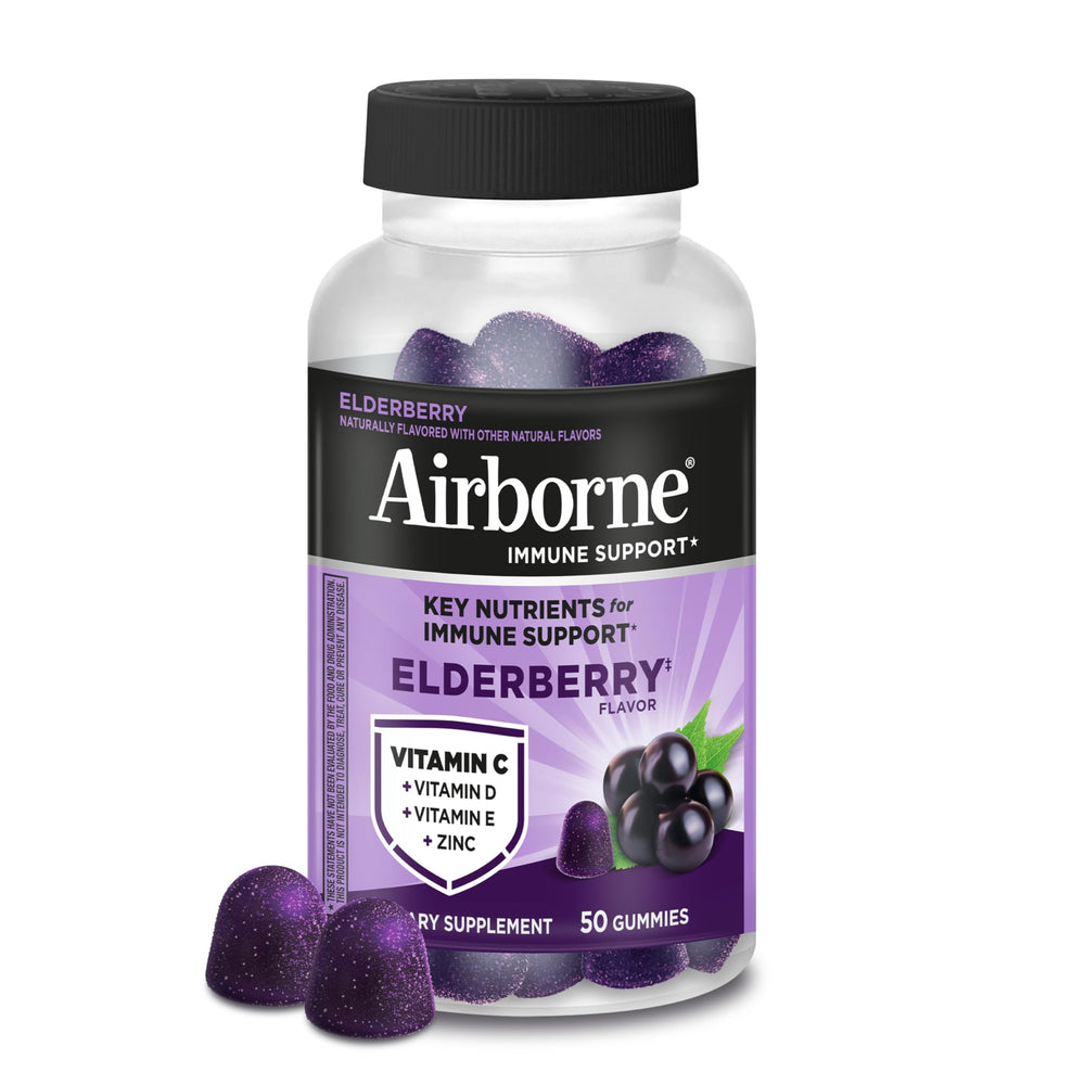 Airborne Elderberry Gummies bottle front shows immune support and elderberry flavor