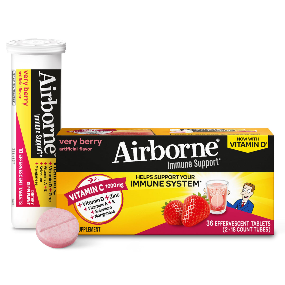 Front view of Airborne Very Berry Immune Support Effervescent Tablets canister (36 count)