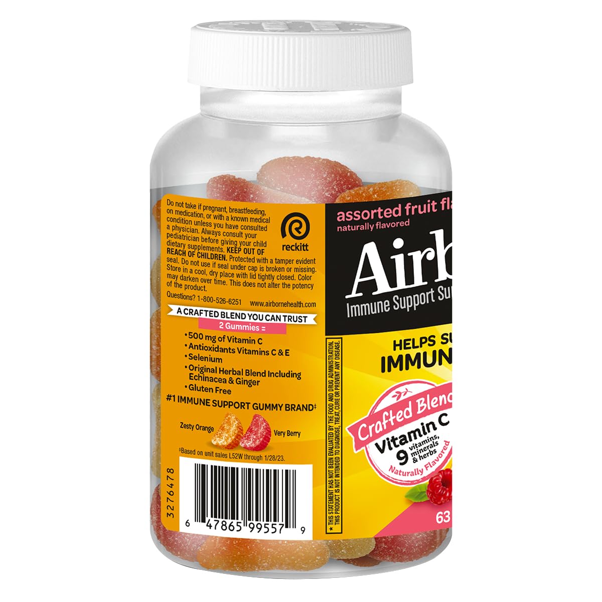 Graphic highlighting Vitamin C, Vitamin E and Selenium in Airborne Kids gummies