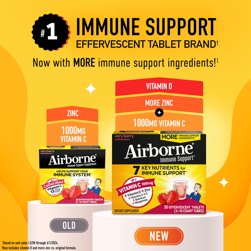 Airborne Very Berry effervescent tablet dissolving in a glass of water.