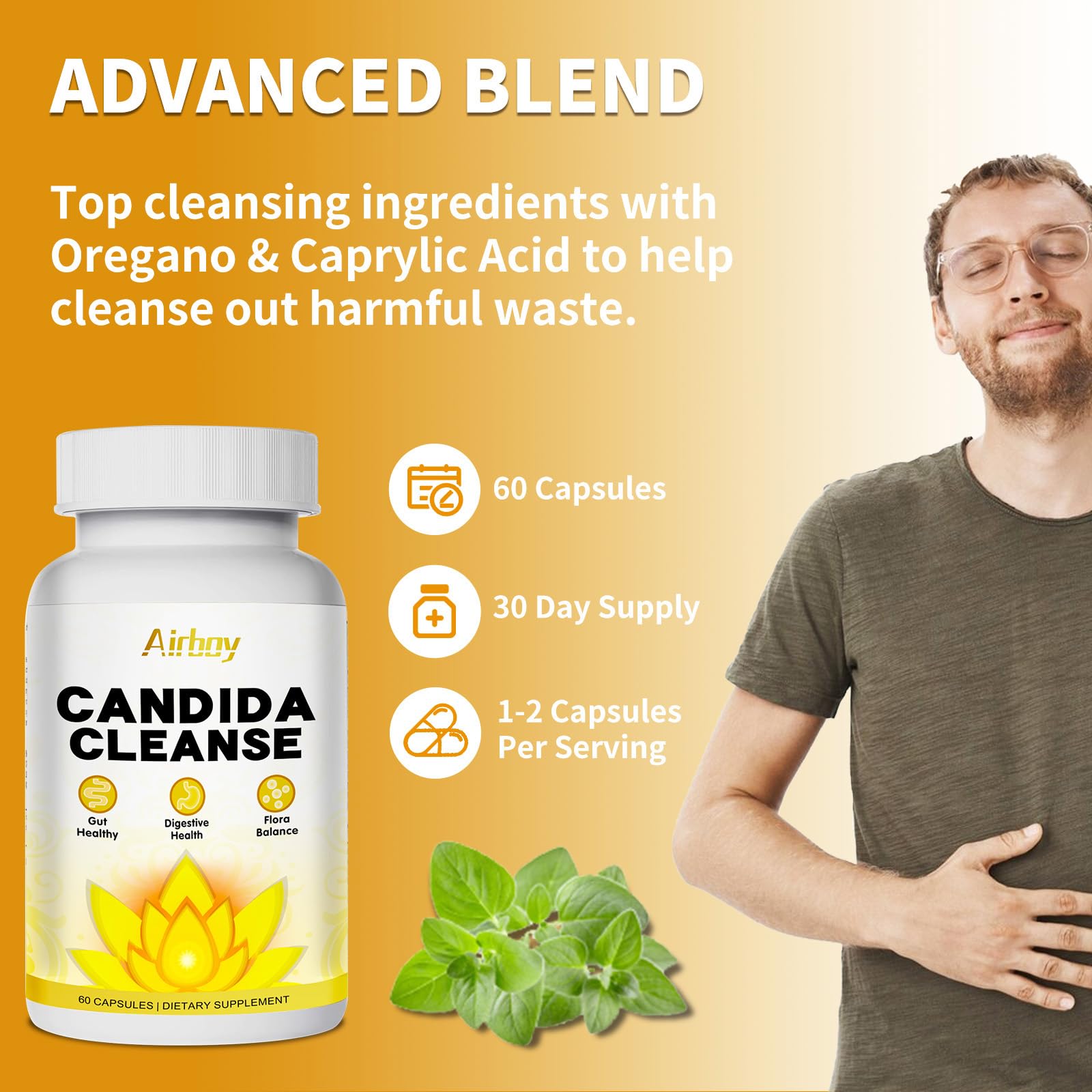 Airboy Candida Cleanse caprylic acid capsule close-up showing key ingredient.