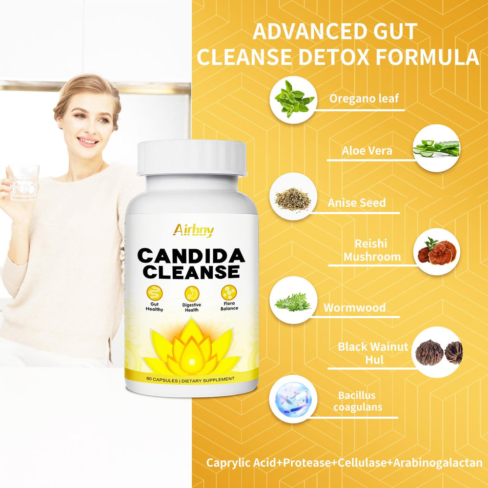 Airboy Candida Cleanse oregano leaf illustration highlights natural herbal component.