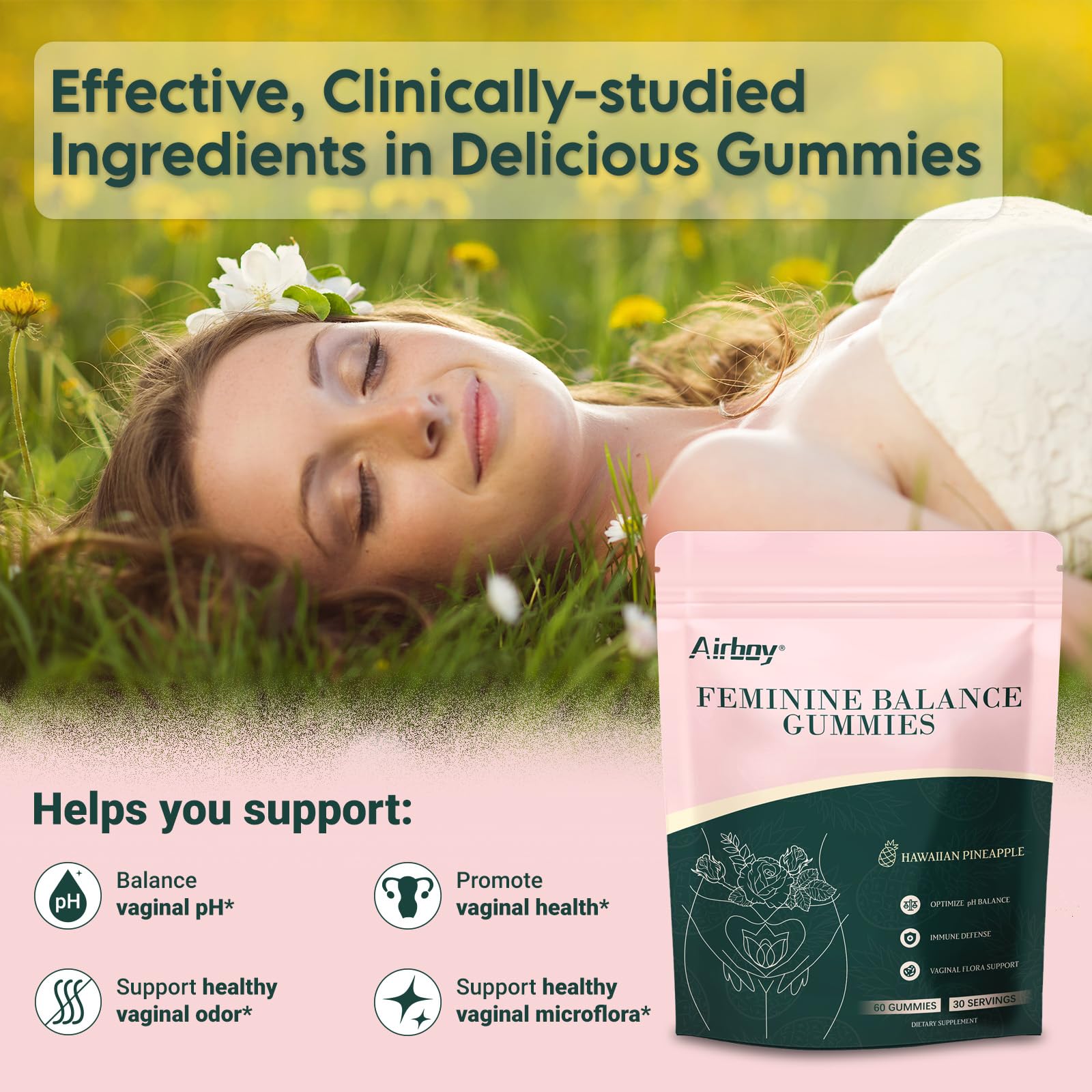 Close-up of pineapple-flavored probiotic gummies for women