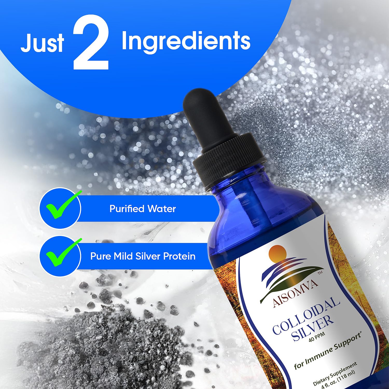 Front view of AISOMVA Colloidal Silver 4 oz bottle