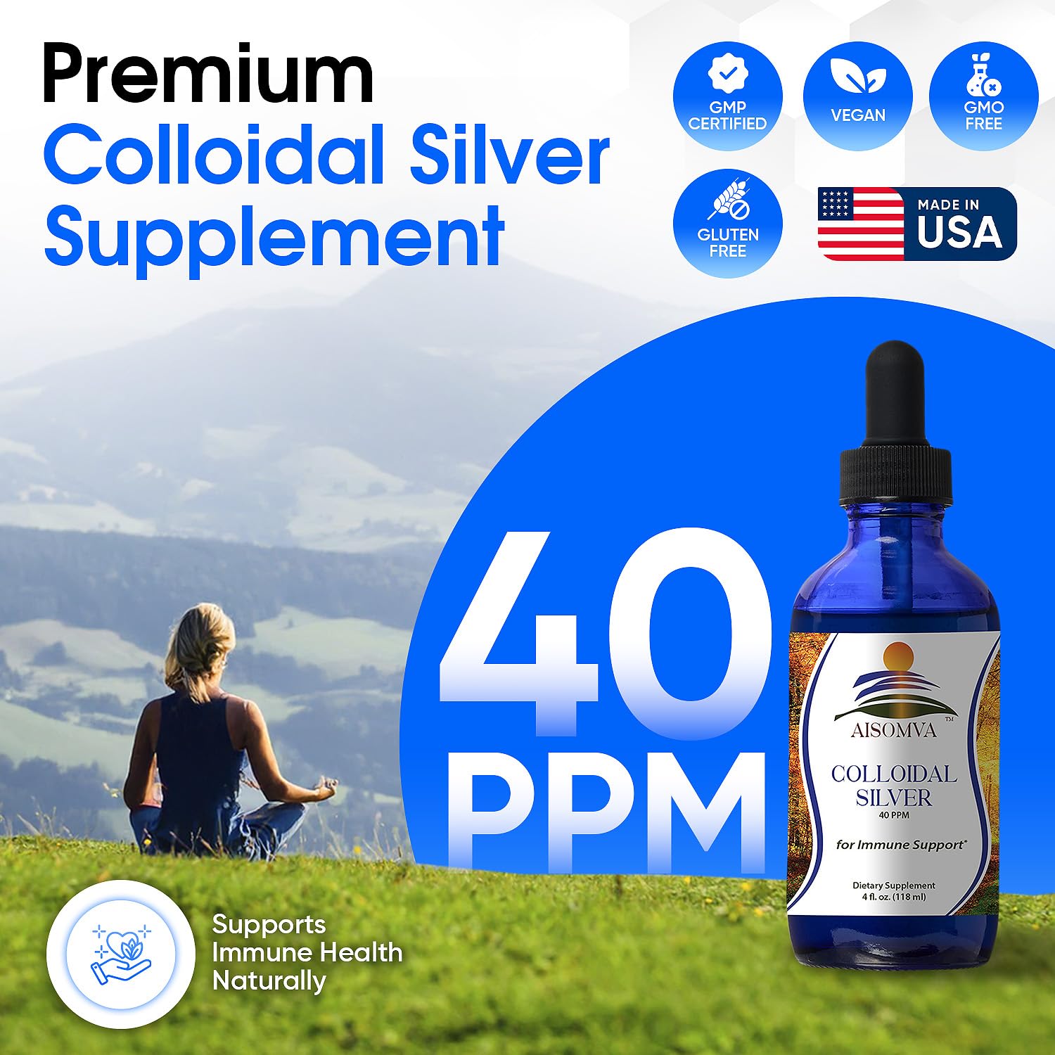 Close-up of AISOMVA Colloidal Silver Liquid 40ppm dropper packaging