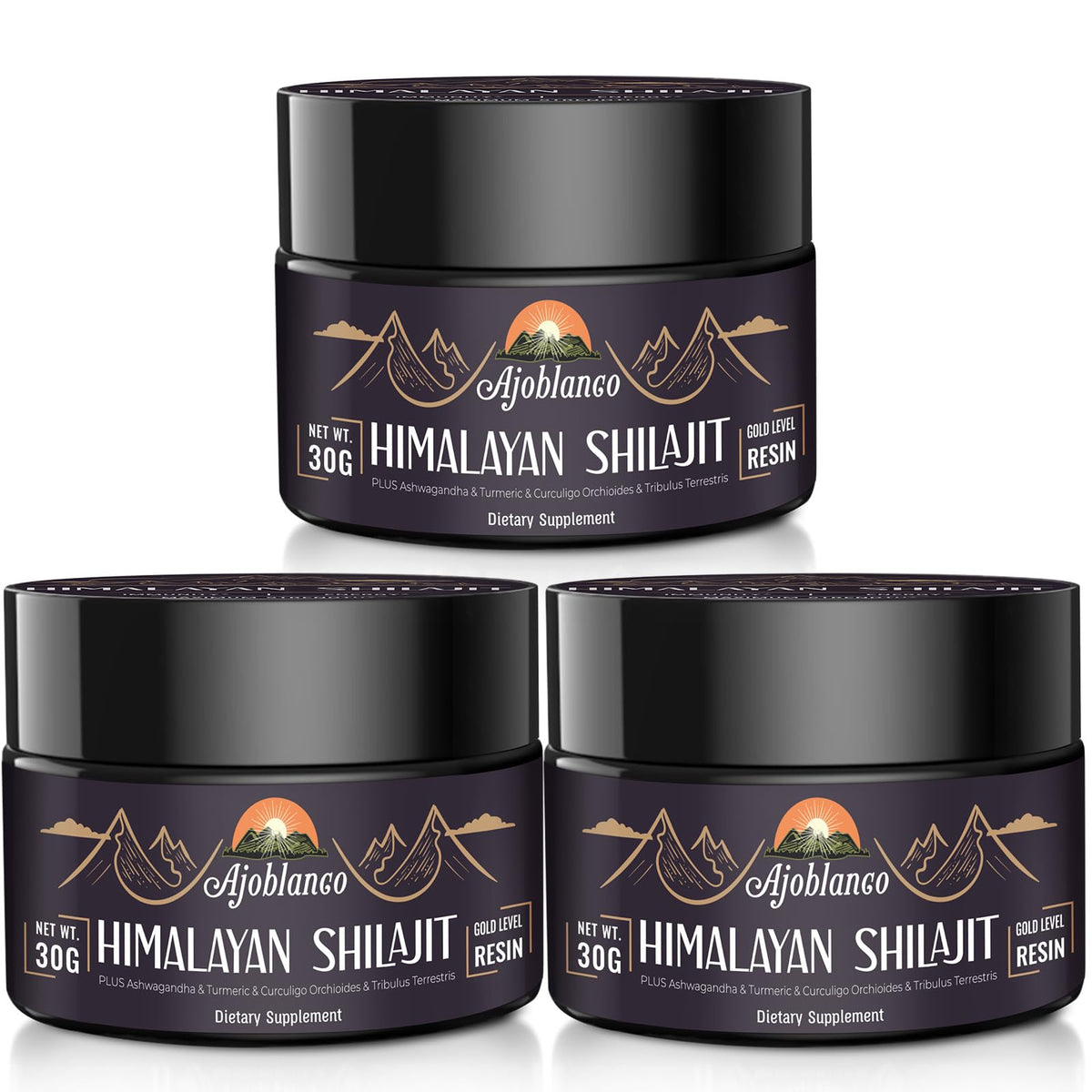 Ajoblanco Himalayan Shilajit Resin 3 pack bottle front view