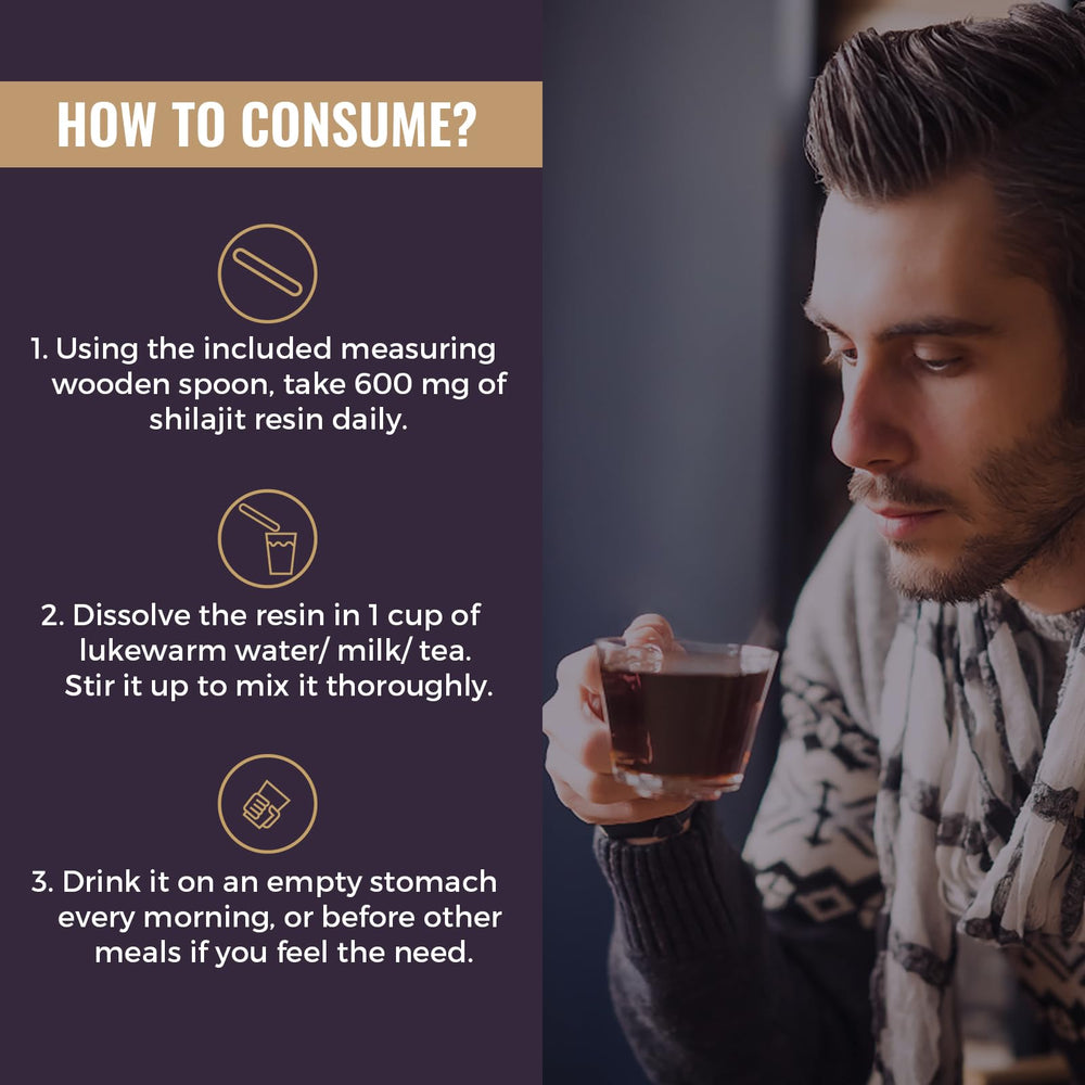 Dissolve pea-sized Shilajit resin in warm water