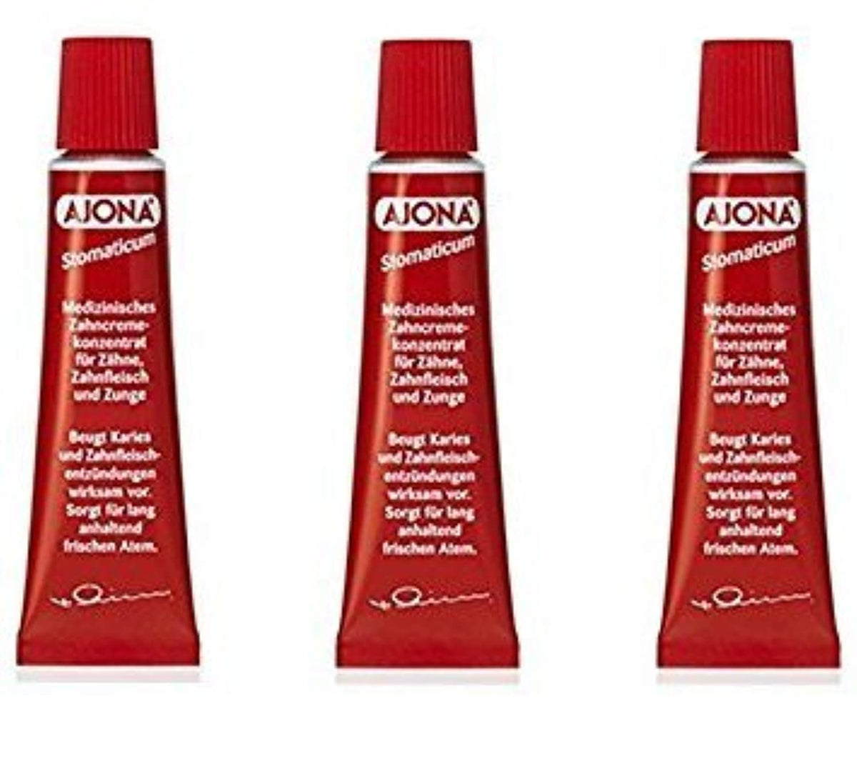 Ajona Stomatikum toothpaste 25ml pack of 3 – front view with packaging