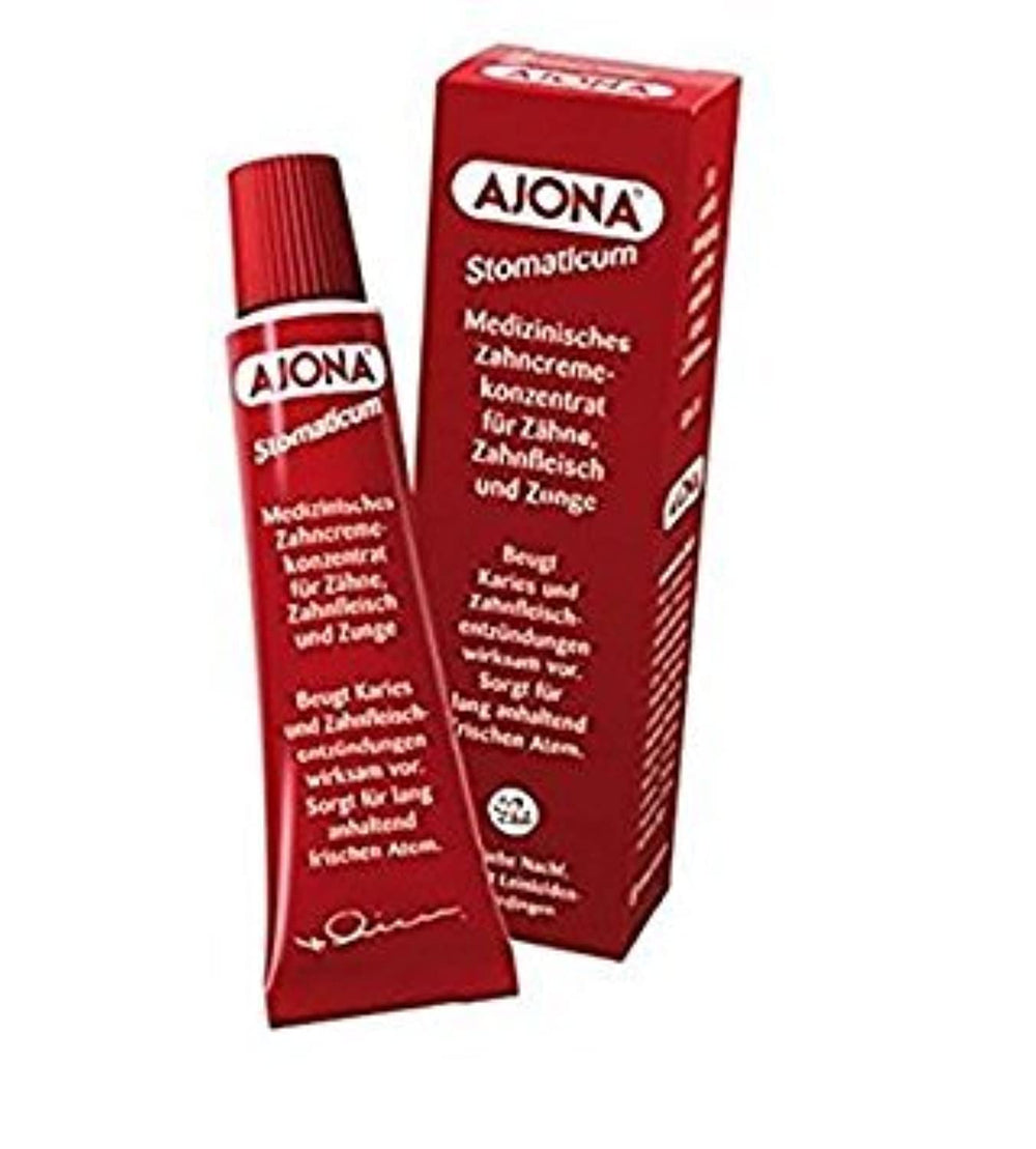 Close-up of Ajona Stomatikum toothpaste 25ml tube