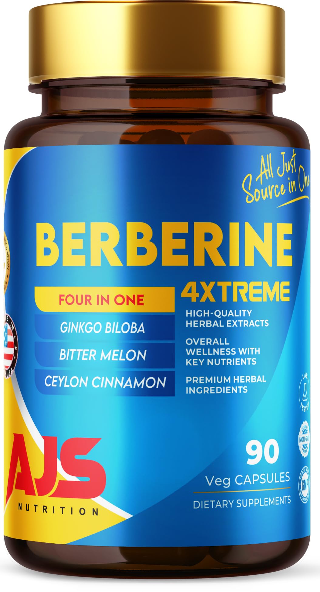 AJS Berberine supplement bottle with 90 capsules on a white background