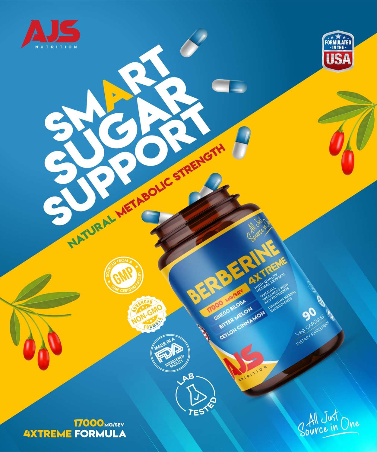 Product packaging and branding of AJS Nutrition Berberine complex